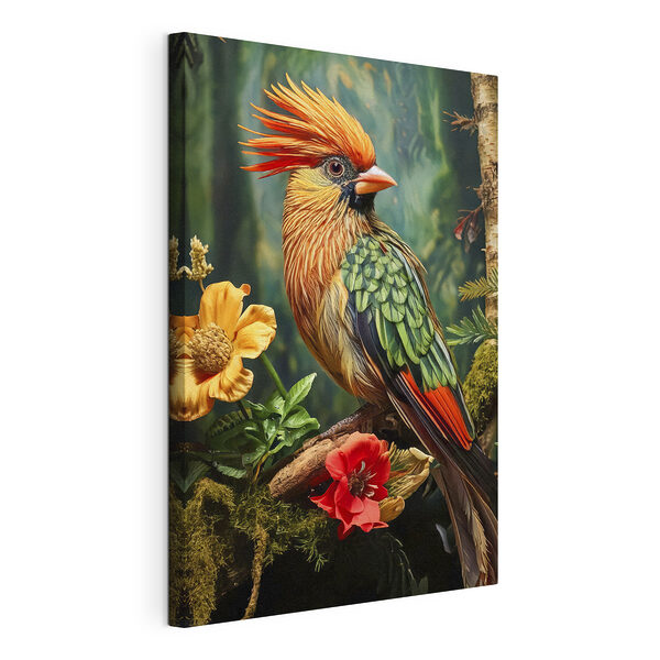 Pájaro de colores posado en una rama con flores Cuadros Pájaro de colores posado en una rama con flores