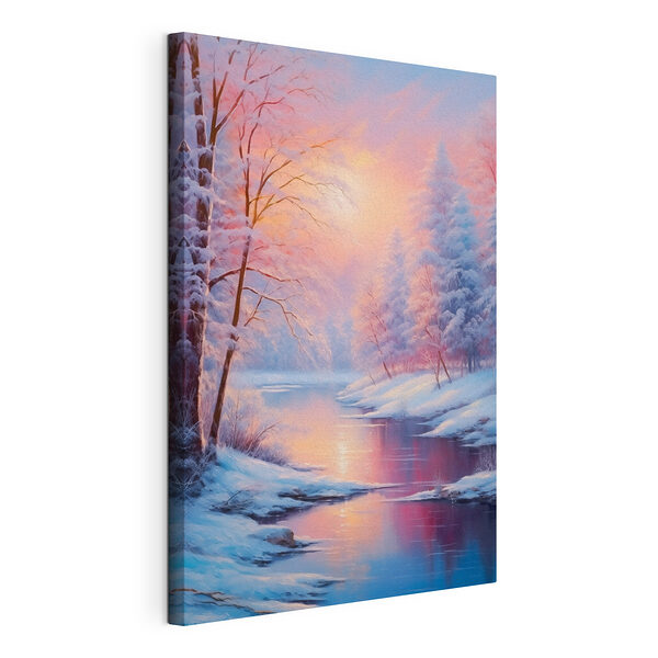 Río con árboles cubiertos de nieve y una puesta de sol rosada Cuadros Río con árboles cubiertos de nieve y una puesta de sol rosada