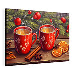 Cuadros Cuadro en el que aparecen dos tazas rojas con motivos blancos, ramas de canela y estrellas de anís