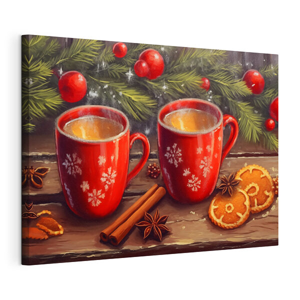 Cuadro en el que aparecen dos tazas rojas con motivos blancos, ramas de canela y estrellas de anís Cuadros Cuadro en el que aparecen dos tazas rojas con motivos blancos, ramas de canela y estrellas de anís