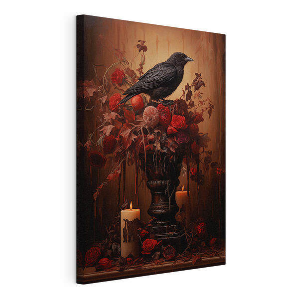 Un pájaro negro posado sobre un jarrón con flores y velas Cuadros Un pájaro negro posado sobre un jarrón con flores y velas