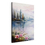 Cuadros Pintura en acuarela de un lago con árboles y flores