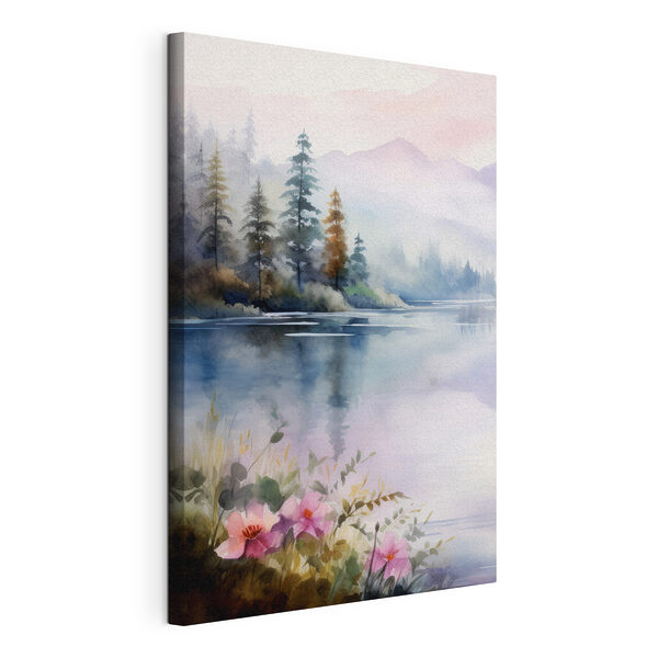 Cuadros Pintura en acuarela de un lago con árboles y flores