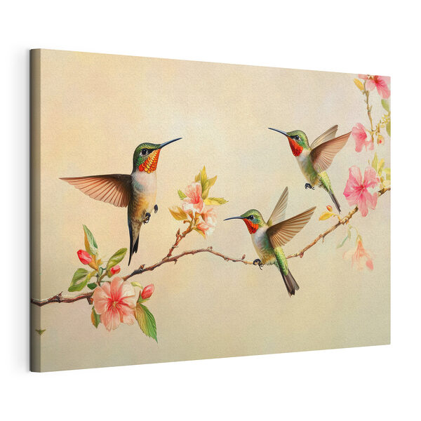 Cuadros Grupo de colibríes en una rama con flores