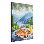 Cuadros Pizza y zumo sobre una mesa, con montañas y árboles de fondo