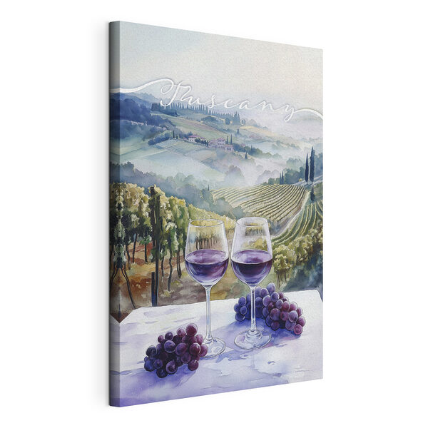 Pintura en acuarela de copas de vino y uvas sobre una mesa Cuadros Pintura en acuarela de copas de vino y uvas sobre una mesa