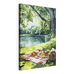 Cuadros Acuarela que representa comida sobre una manta de picnic junto a un lago