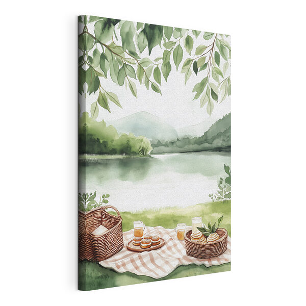 Pintura en acuarela de una manta de picnic con una cesta y comida encima Cuadros Pintura en acuarela de una manta de picnic con una cesta y comida encima