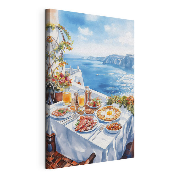 Acuarela que representa comida sobre una mesa con vistas a una masa de agua Cuadros Acuarela que representa comida sobre una mesa con vistas a una masa de agua