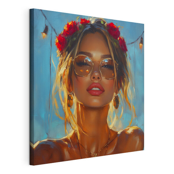 Cuadros Mujer con flores en el pelo y gafas de sol