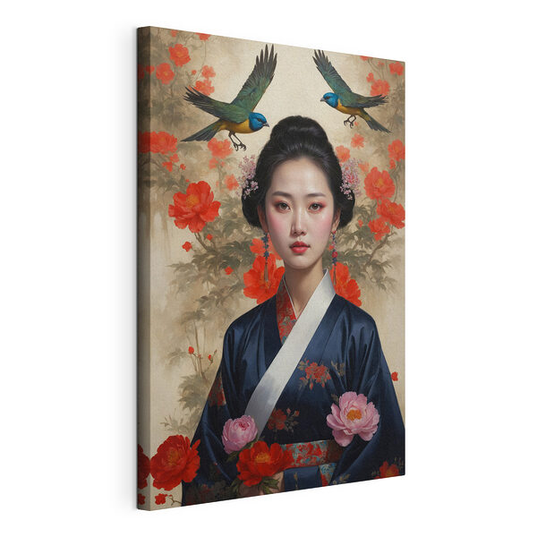 Mujer con un kimono con motivos de flores y pájaros Cuadros Mujer con un kimono con motivos de flores y pájaros