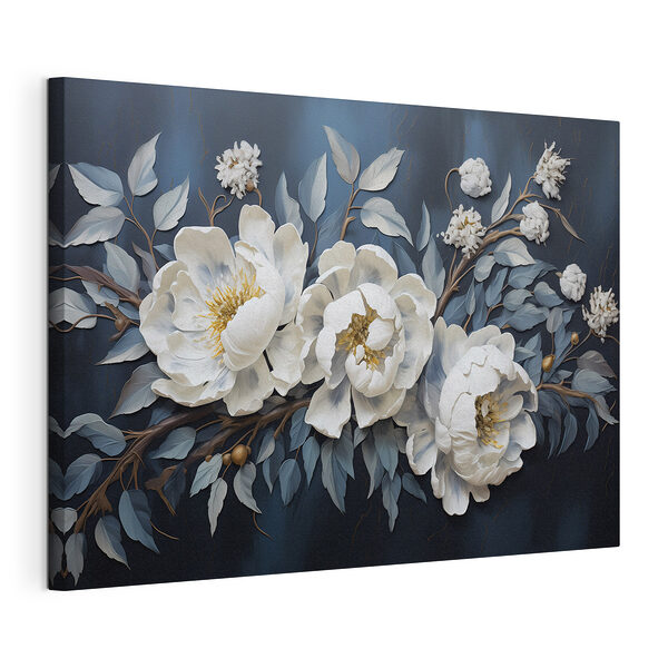 Flores y hojas blancas sobre un fondo azul Cuadros Flores y hojas blancas sobre un fondo azul