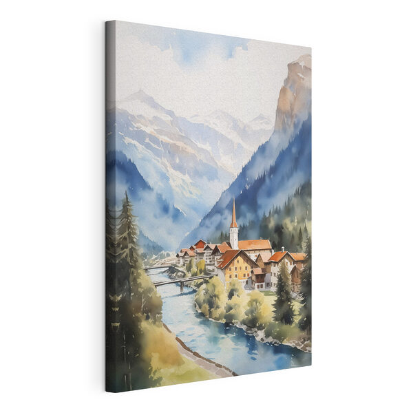 Pintura en acuarela de un pueblo en las montañas Cuadros Pintura en acuarela de un pueblo en las montañas
