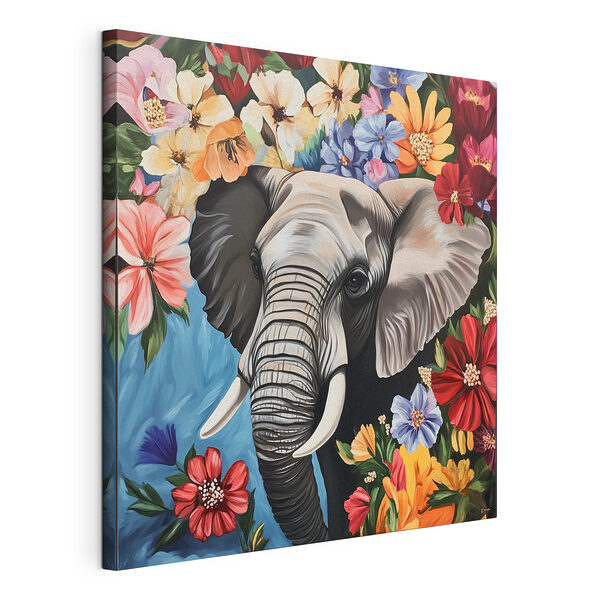 Cuadros Un elefante con colmillos en un jardín de flores (SKU: s42990) Cuadros Cuadros Un elefante con colmillos en un jardín de flores (SKU: s42990)