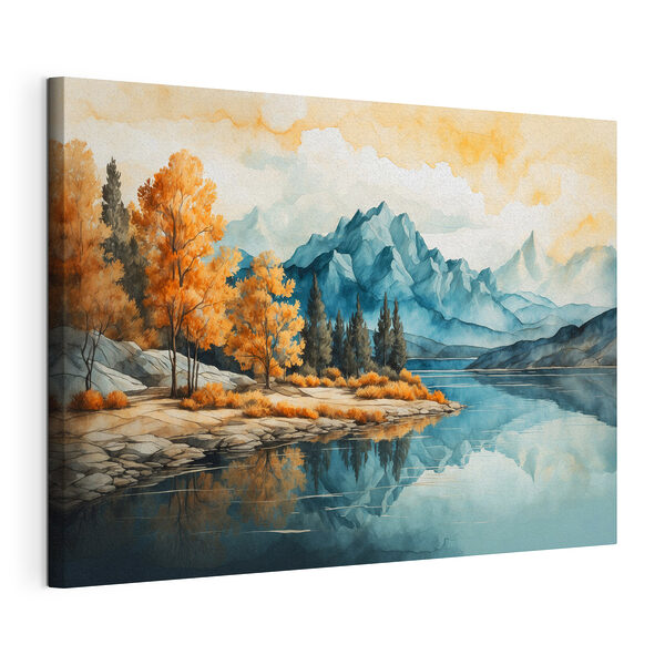 Pintura en acuarela de un lago con árboles y montañas Cuadros Pintura en acuarela de un lago con árboles y montañas