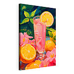 Cuadros Vaso con un líquido rosado, limones y flores