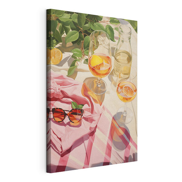 Un grupo de copas de vino y gafas de sol sobre una manta Cuadros Un grupo de copas de vino y gafas de sol sobre una manta