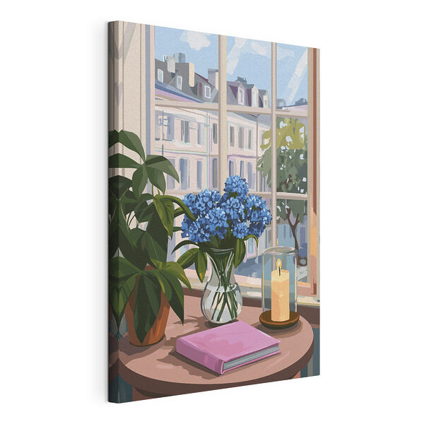 Un jarrón con flores y una vela delante de una ventana Cuadros Un jarrón con flores y una vela delante de una ventana