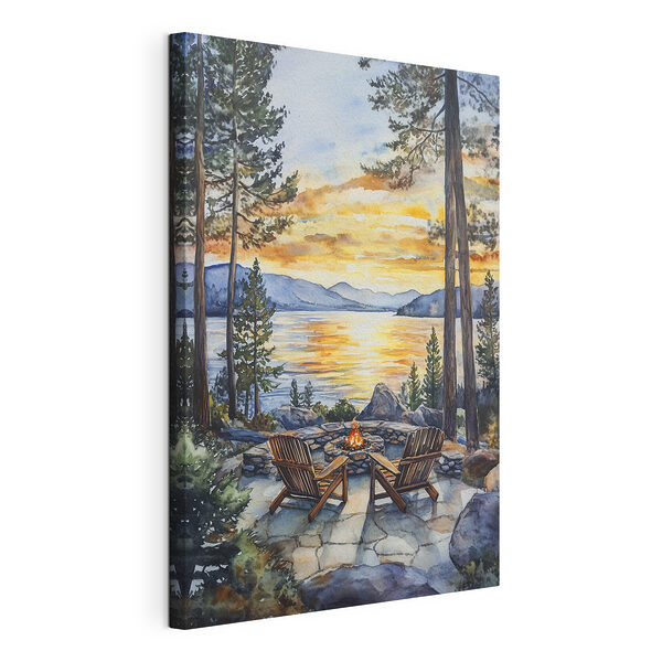 Pintura en acuarela de unas sillas alrededor de una hoguera con vistas a un lago Cuadros Pintura en acuarela de unas sillas alrededor de una hoguera con vistas a un lago