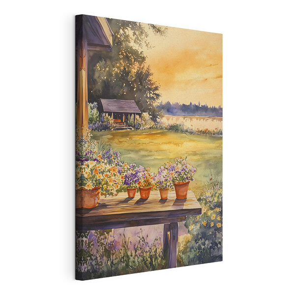 Pintura en acuarela de un porche con flores en macetas sobre una mesa Cuadros Pintura en acuarela de un porche con flores en macetas sobre una mesa