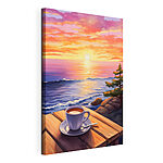 Cuadros Una taza de café sobre una mesa con vistas a una masa de agua