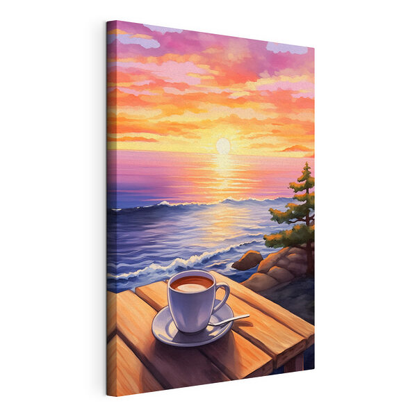 Una taza de café sobre una mesa con vistas a una masa de agua Cuadros Una taza de café sobre una mesa con vistas a una masa de agua