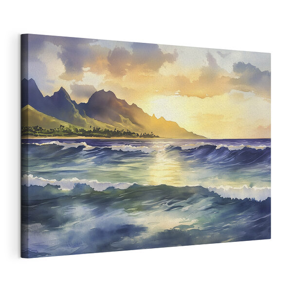 Acuarela de olas y montañas al fondo Cuadros Acuarela de olas y montañas al fondo