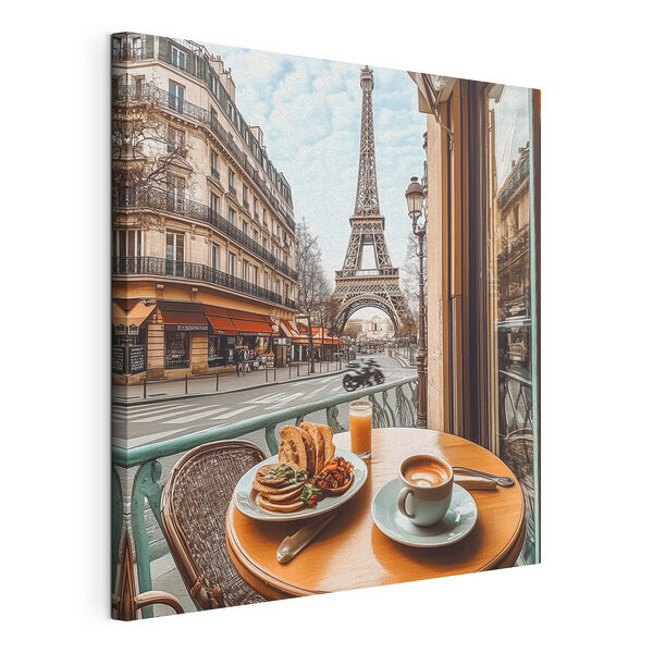 Mesa con un plato de comida y una taza de café encima Cuadros Mesa con un plato de comida y una taza de café encima