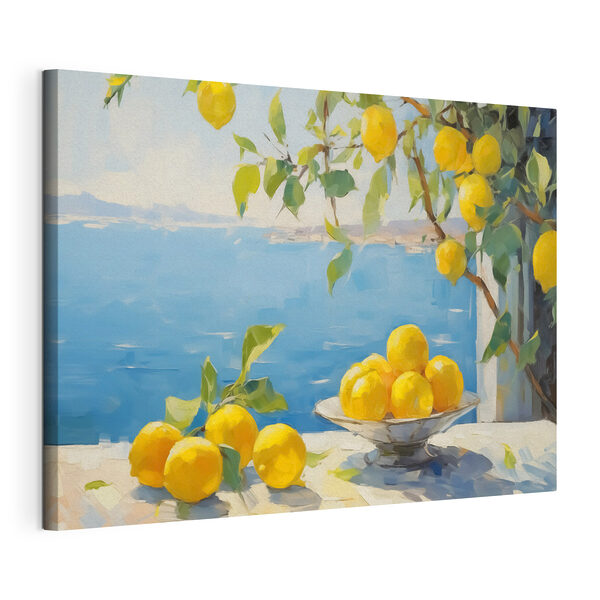 Un cuenco con limones sobre una mesa junto a un árbol Cuadros Un cuenco con limones sobre una mesa junto a un árbol