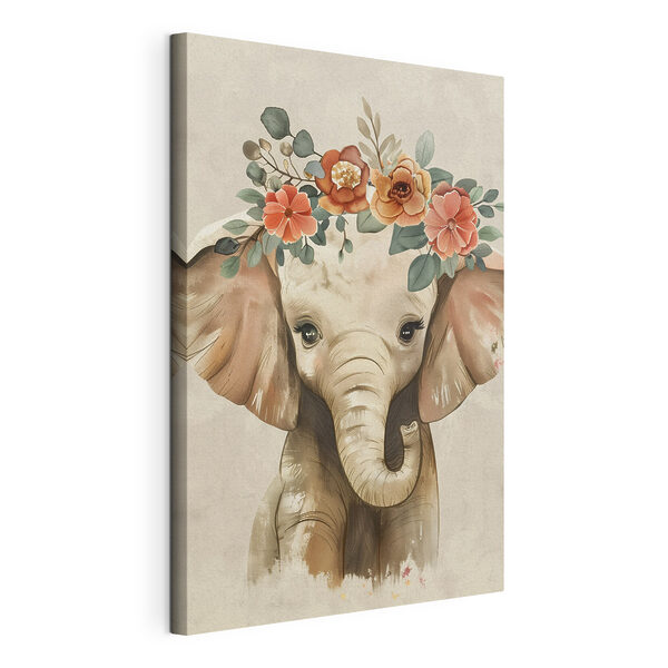 Cuadros Cachorro de elefante con flores en la cabeza