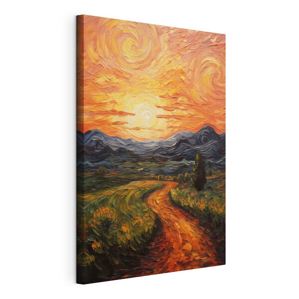 Cuadro que representa una carretera que atraviesa un campo, con montañas y el sol Cuadros Cuadro que representa una carretera que atraviesa un campo, con montañas y el sol