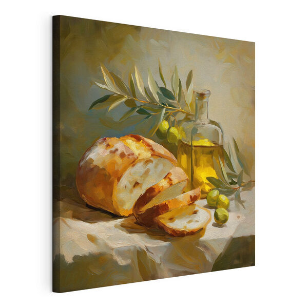 Cuadros Cuadro de un bodegón con una barra de pan y aceitunas
