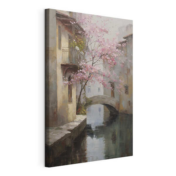Cuadros Cuadro de un río con un árbol rosa y un puente