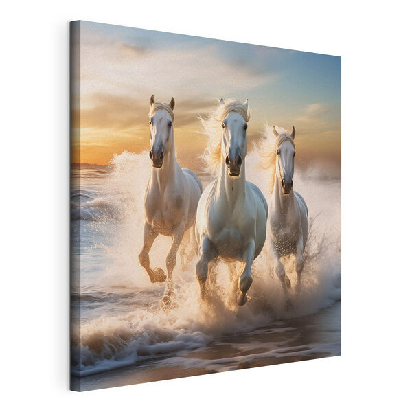 Grupo de caballos blancos corriendo por la playa Cuadros Grupo de caballos blancos corriendo por la playa