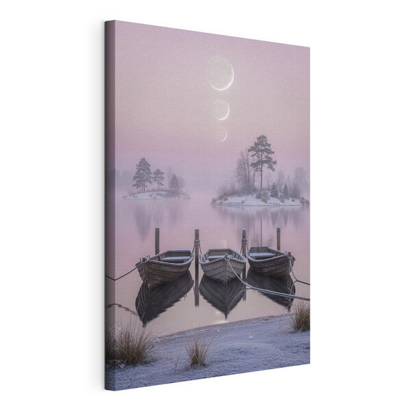 Cuadros Barcos en un lago con árboles y la luna al fondo