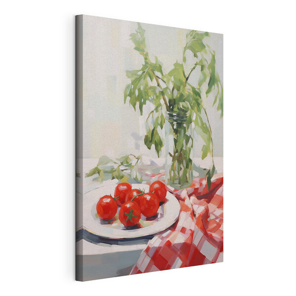 Cuadro en el que se ven unos tomates en un plato junto a un jarrón con hojas verdes Cuadros Cuadro en el que se ven unos tomates en un plato junto a un jarrón con hojas verdes