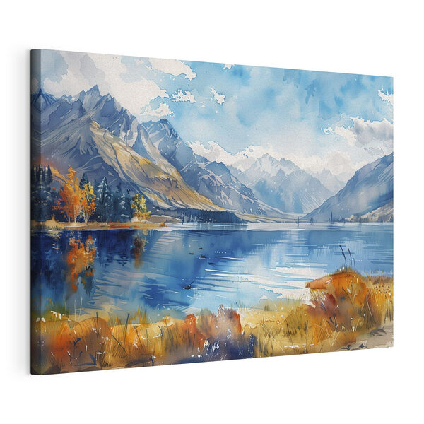 Pintura en acuarela de un lago rodeado de montañas y nubes Cuadros Pintura en acuarela de un lago rodeado de montañas y nubes