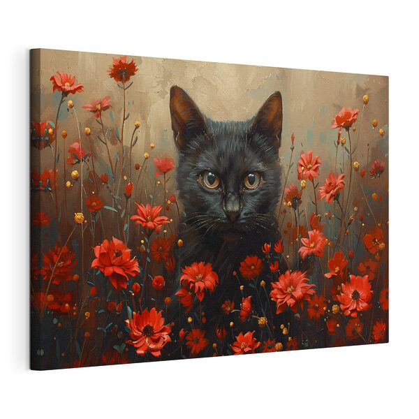 Gato negro en un campo de flores rojas Cuadros Gato negro en un campo de flores rojas