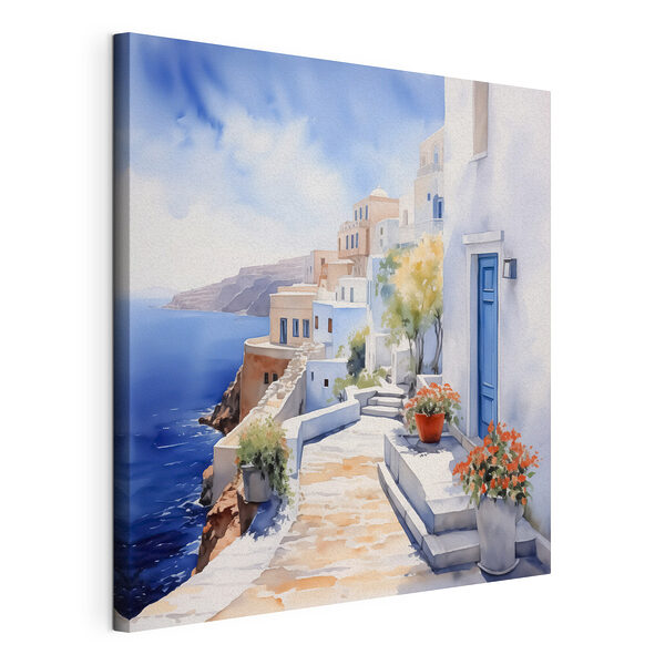 Cuadros Cuadros Acuarela de un edificio blanco con puertas azules y flores en un acantilado (SKU: s43346)