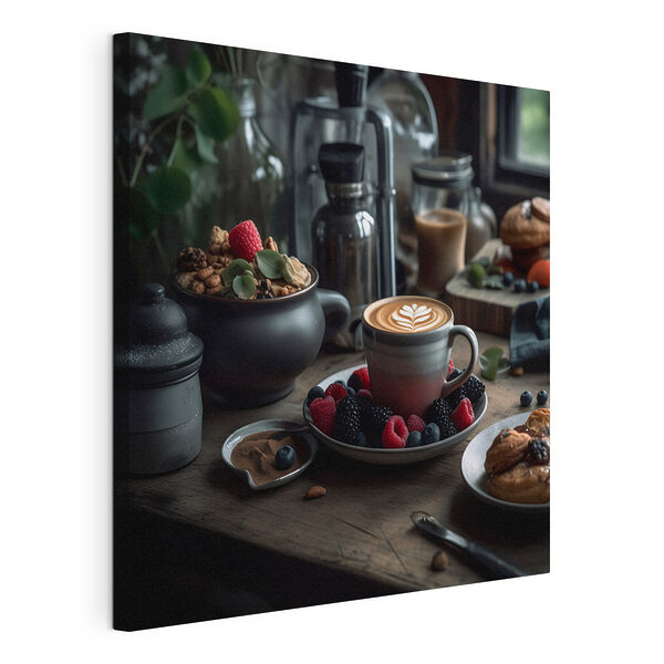 Cuadros Una taza de café con un dibujo de latte art en un plato con fruta y cereales