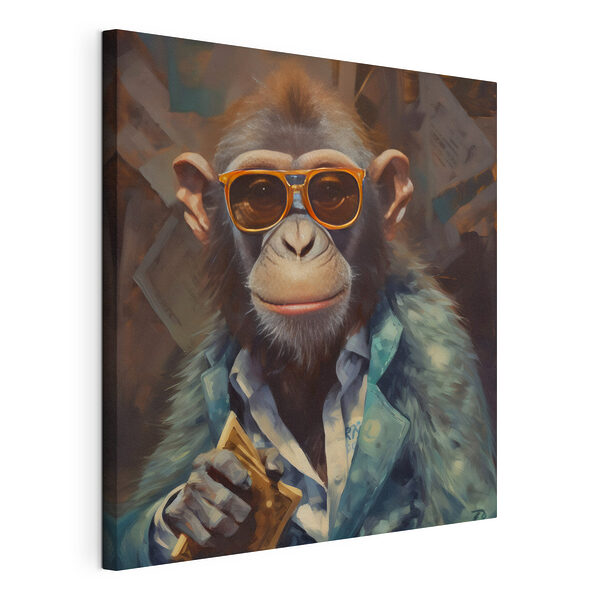 Chimpancé con gafas de sol que sostiene una tarjeta Cuadros Chimpancé con gafas de sol que sostiene una tarjeta