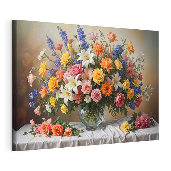 Ramo de flores de colores sobre un mantel blanco Cuadros Ramo de flores de colores sobre un mantel blanco