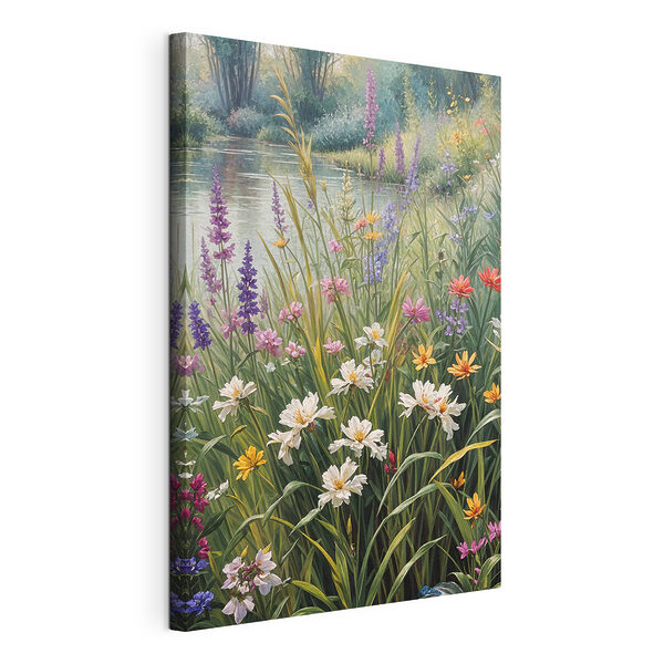 Coloridas flores silvestres junto al tranquilo estanque Cuadros Coloridas flores silvestres junto al tranquilo estanque