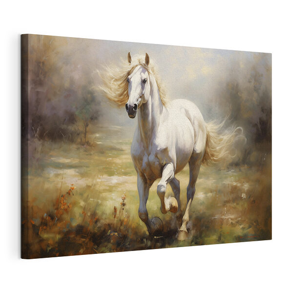 Un caballo blanco corriendo por un campo Cuadros Un caballo blanco corriendo por un campo