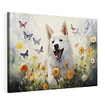 Cuadros Perro blanco con mariposas en un campo de flores