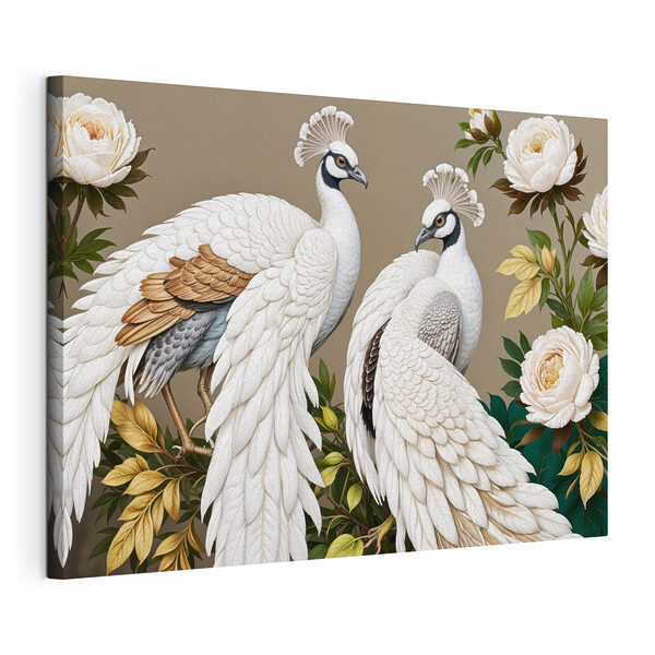 Una pareja de pavos reales blancos en una rama con flores Cuadros Una pareja de pavos reales blancos en una rama con flores