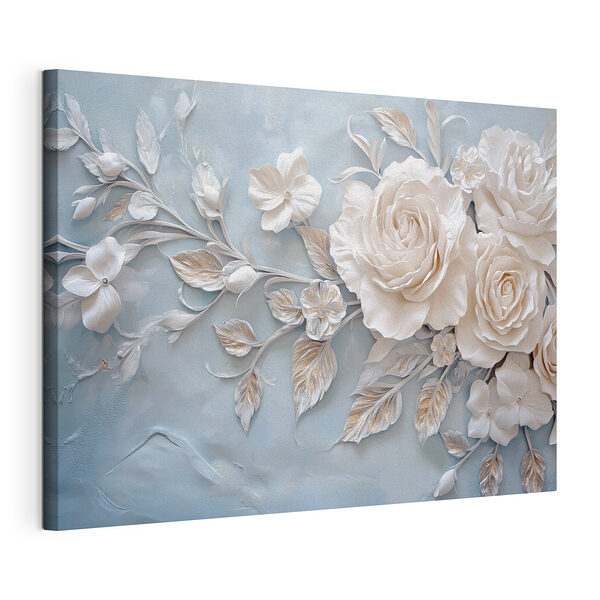 Cuadros Flores y hojas blancas sobre un fondo azul