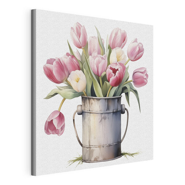 Cuadro de tulipanes rosas en un cubo de metal Cuadros Cuadro de tulipanes rosas en un cubo de metal