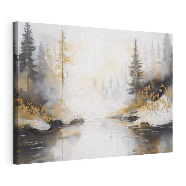 Pintura en acuarela de un río con árboles y niebla Cuadros Pintura en acuarela de un río con árboles y niebla
