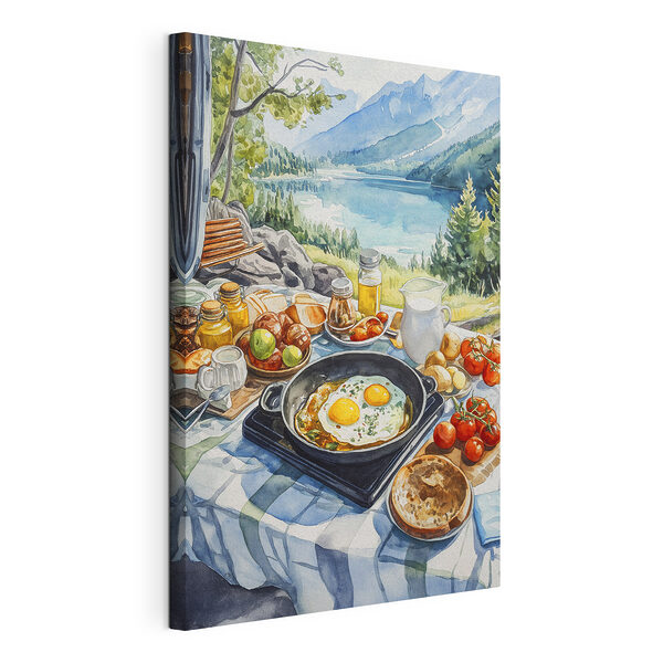 Cuadros Una sartén con comida y otra con huevos sobre una mesa, con un lago al fondo